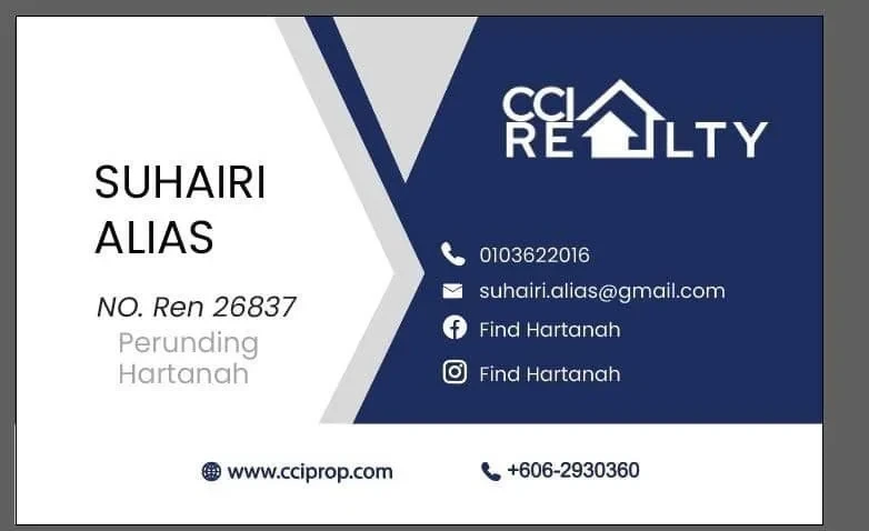 Kad perniagaan rasmi Suhairi Alias, CCI Realty, REN 26837